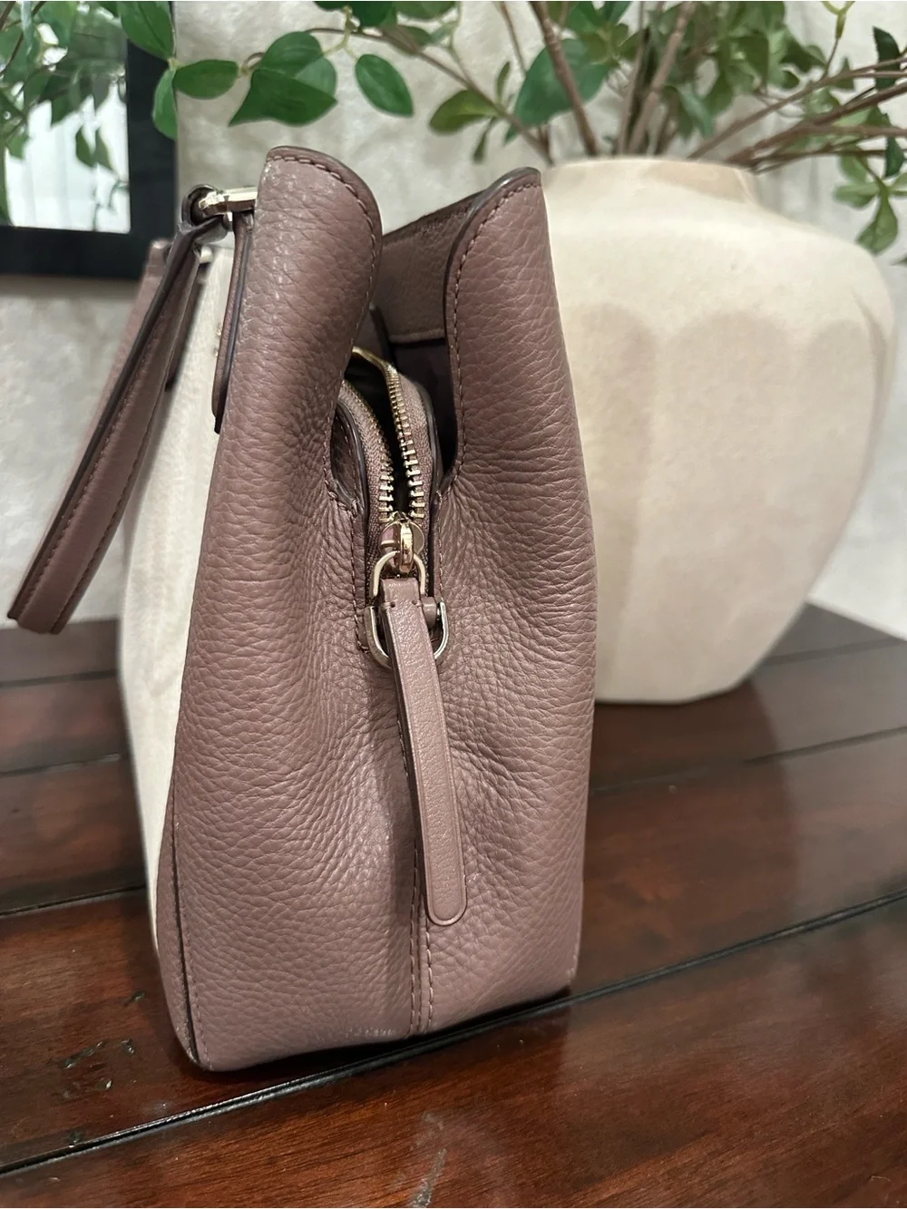 kate spade Two-Tone Pebbled Leather Satchel in Cream and Mauve Brown